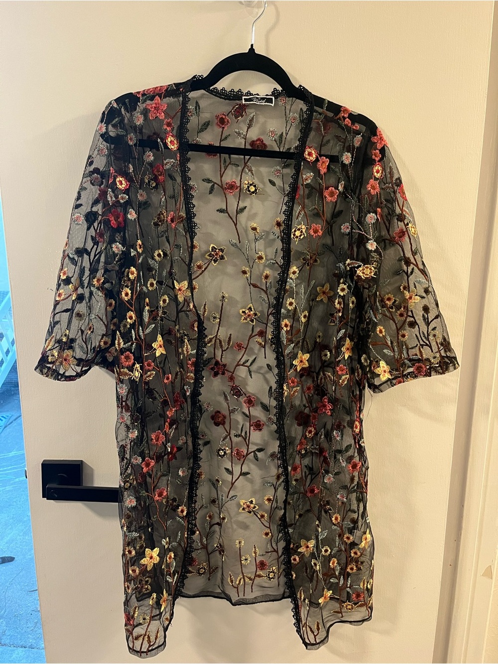 Black Sheer Floral Embroidered Cardigan - Elegant Open Front